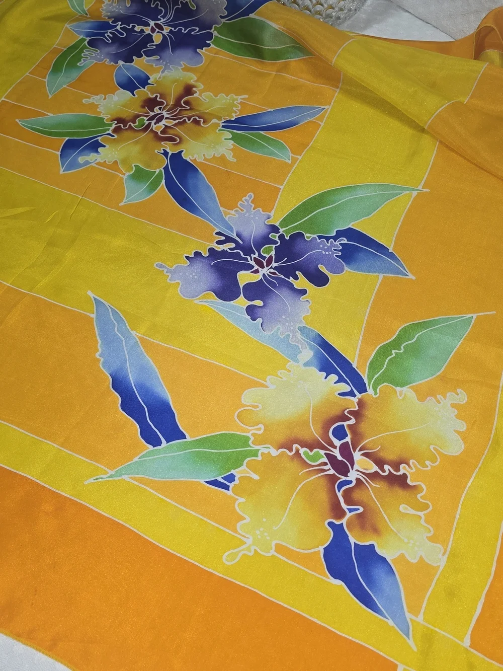 NOOR ARFA BATIK VIBRANT ORANGE SILK SCARF SQUARE ORCHIDS FLORAL VINTAGE